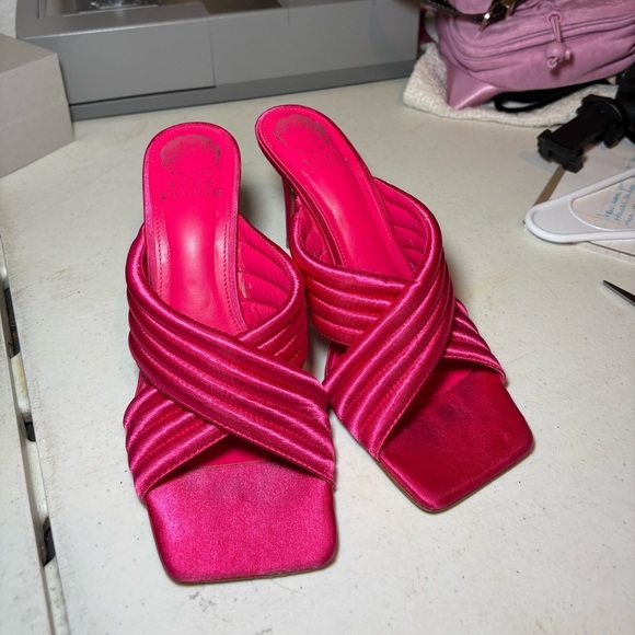 Vince Camuto Shoes - Vince Camuto Hot Pink Satin Crisscross Mule Heels